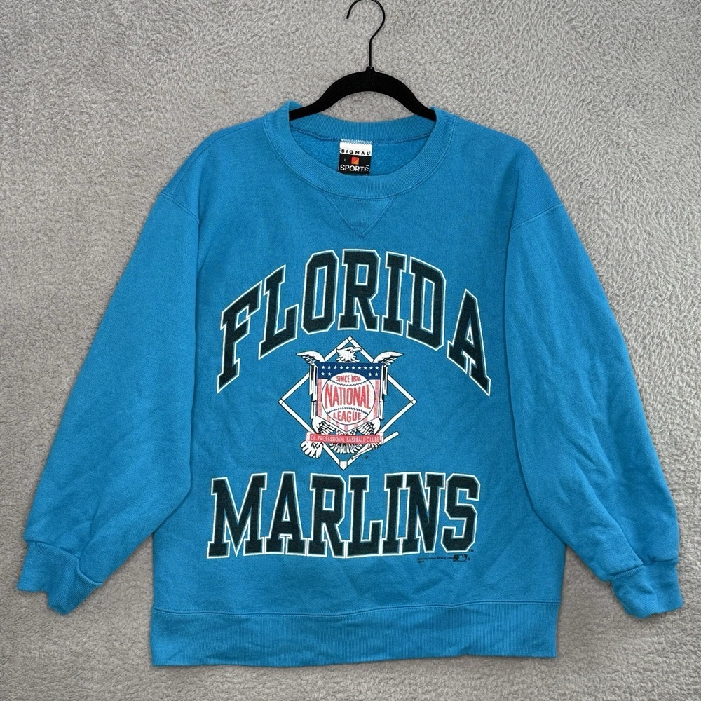 Vtg 90s Florida Marlins Crew Neck Graphic Sweatshirt Teal Blue Sz L 1992 NL MLB